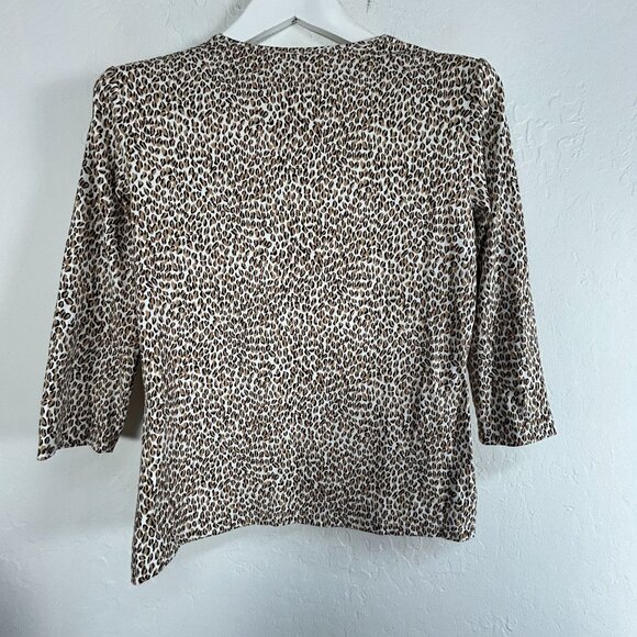 J. McLaughlin Womens Leopard Print 3/4 Sleeve Top Medium Brown Stretch Casual - Picture 2 of 8